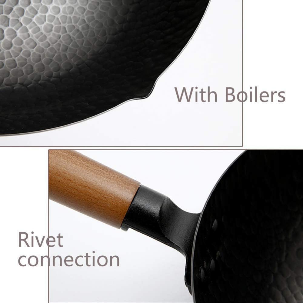 Handgehämmerter Eisen-Wok mit Holzdeckel, vorgebrannte Gusseisen-Bratpfanne zum Braten, Kochen und Frittieren
