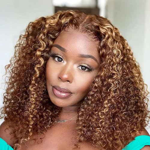 Image of SOEZ 16 Inch Highlight Ombre Bob Wig Human Hair 13x4 Deep Wave Lace Front Wigs Human Hair Honey Blonde Short Curly Bob Wig 4 /27 Water Wave Human Hair Wig 180% Density Wet Wavy Colored Wig for Women