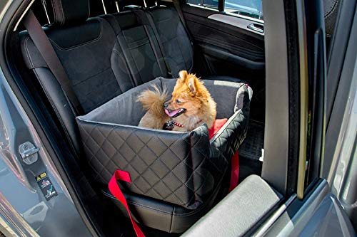 Exclusive Hunde Autositz | Autositz für Hunde, Katzen, Haustier | Rückbank, Beifahrersitz | Hundebett, Hundetasche | Kunstleder | Farbe: Schwarz/Rot | Große: L (57x50 cm)