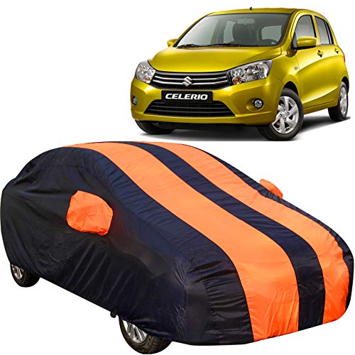 Image of 190 Taffeta Water Resistant Car Body Cover Compatible with Maruti Celerio with Mirror Pockets (Orange /Navy Blue)