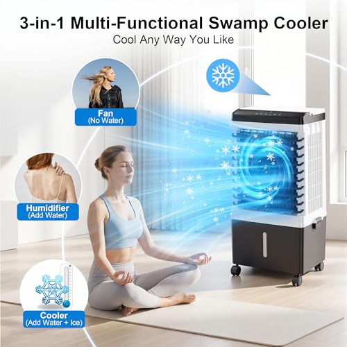 Image of Uthfy 1800CFM Swamp Cooler, 30 inch Evaporative Air Cooler with 5.3 Gal Detachable Water Tank, 120 Oscillation, Remote, 12H Timer, 3 Speeds, Portable Cooling Fan for Bedroom, Home Office, Study, Garage