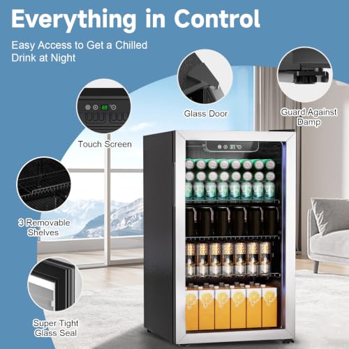 Image of DOGHLY 3.0 Cu.ft Beverage Refrigerator Cooler, 105 Can Mini Fridge with Glass Door, Digital Temperature Display for Soda, Beer or Wine For Office Bar with Adjustable Removable Shelves