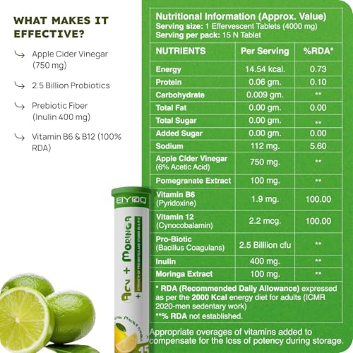 Image of ACV + Moringa Effervescent Tablets With Probiotics, Vitamin B6 & B12 Lemon Masala Flavor Digestion, Detox & Energy Support 15 Tablets Tube (Pack of-2)