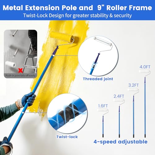 Paint Roller Kit with Long Paint Roller Extension Pole, 37 PCS Wall Painting Supplies with Paint Brushes for Walls, Superabsorbent 9-Inch & 4-Inch Paint Roller Covers, Wall Repair Paste - Image 5