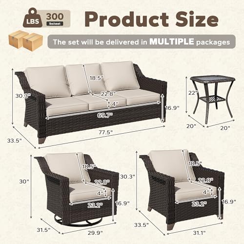 Image of 6 Piece Patio Furniture Set, Wicker Outdoor Conversation Set | Patio Chair Set with Olefin Removable Cushion, All-Weather Outdoor Couch with Deep Seat for Porch, Deck and Backyard, Beige