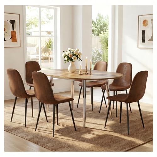 Image of Extendable Dining Table Set for 6, 42-54 inch Round to Oval Dining Table with 6 Upholstered Chairs, Engineered Wood, Space-Saving Round Kitchen & Dining Room Table Set(1 Table + 6 Brown Chairs)