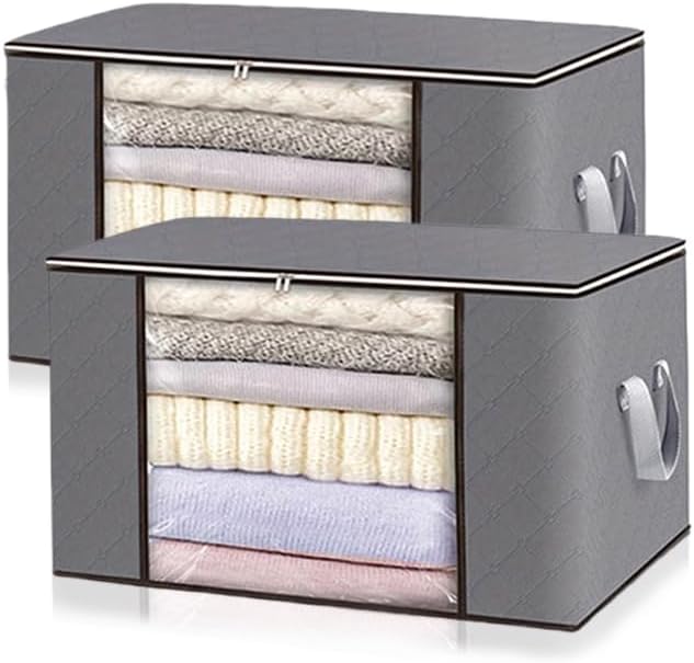 90L Large Storage Bags, 2 Pack Foldable Clothes Storage Bins with Handle, Closet Organizers for Blankets, Comforters, Pillows, Bedding, Clothing, Space-Saving Storage Containers (Gray)