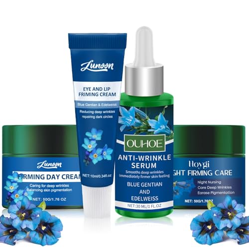 Crema de Genciana Azul, Crema Hidratante de Edelweiss, CrEma Contorno de Ojos y Sérum Facial Redensificante, con Genciana Azul y Edelweiss, Antienvejecimiento, Antiedad, Reafirma