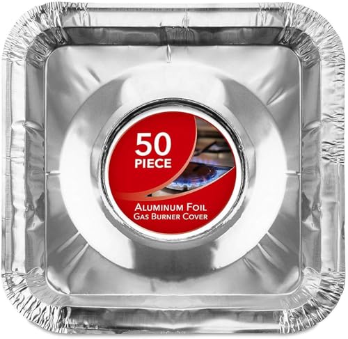 Disposable Gas Burner Liners (50 Pack) Aluminum Foil Square Gas Stove Burner Covers - 8.5 Inch Gas Range Protector, Stove Top Covers for Gas Burners, Foil Liners to Catch Oil, Grease, and Food Spills