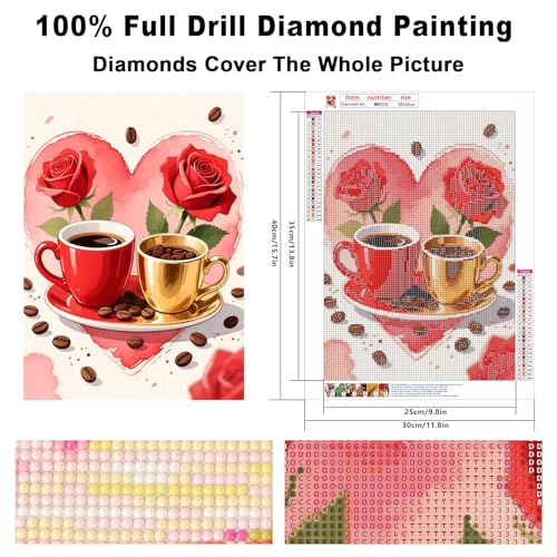 Image of AiYuanzsh Coffee Diamond Art Kits for Adults, Coffee Cups Roses Diamond Painting Kits for Beginners, 5D DIY Full Drill Round Rhinestone Gem Art Crafts Paintings for Home Wall Decor 12 inchx16 inch