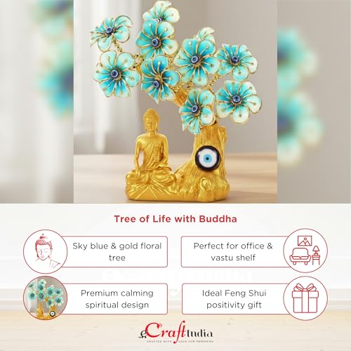 Image of eCraftIndia Tree of Life with Buddha Idol Flowers | Evil Eye Tree Showpiece (Sky Blue, Gold) Feng Shui Items for Good Luck Positive Energy Vastu Shelf Living Room Home Decor Gift for Housewarming