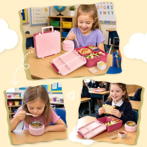 Image of Kids Lunch Box 4 Compartment Bento with 8oz Food Jar，Pink