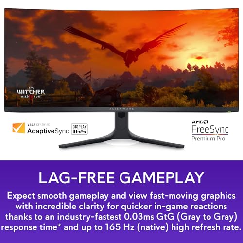 Image of Alienware AW3423DWF Curved QD-OLED Gaming Monitor - 34-inch Quantum Dot OLED 0.1Ms 165Hz 21:9 Curved Display, 99.3% DCI-P3 Color Gamut, VESA DisplayHDR True Black 400, AMD FreeSync Premium Pro - Black
