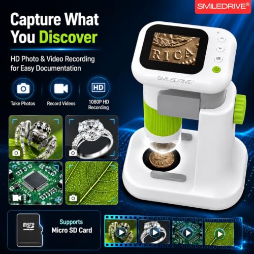 Image of SMILEDRIVE Digital Mini Microscope for Kids with 1000X Magnification | 2.4 Inch IPS Screen | USB PC Connectivity | 8 Led lights & 1 backlight | HD Photo & Video Recording | Handheld & Rechargeable