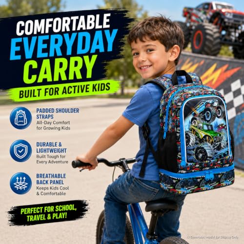 Image of WZLVO 2-In-1 Truck Preschool Backpack Set, 17 inch Cool UV Printing Boys Bookbag /School Bag with Built-in Lunch Compartment & Pencil Bag for Kids to Elementary - Truck Green
