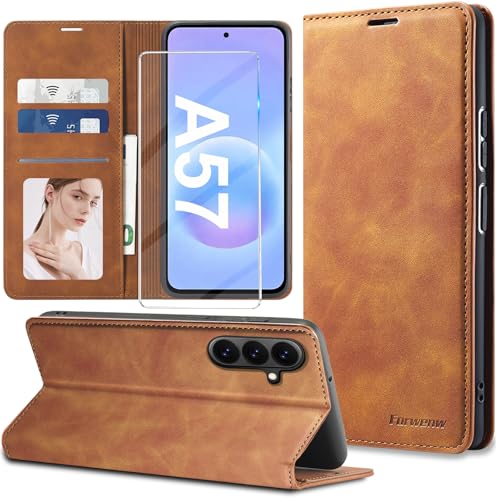 Étui en cuir pour Samsung Galaxy A57 5G marron avec protection écran