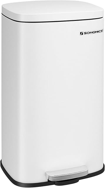 SONGMICS Kitchen Bin 30L, Pedal Bin, Rubbish Bin with Soft-Close Lid and Inner Bucket, Steel, White LTB03WT