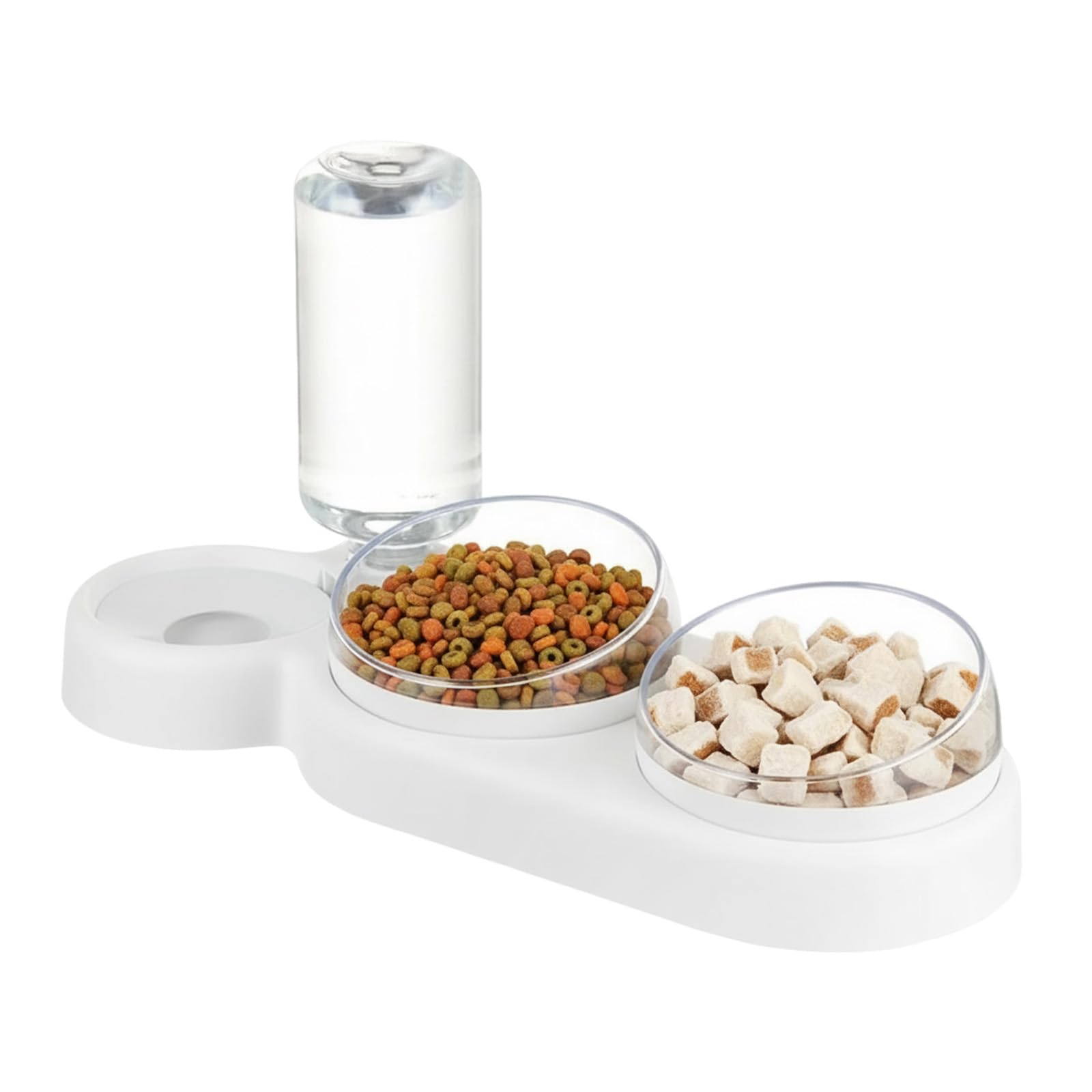 3-in-1 Cat Food and Water Bowl Set, 15°Tilted Stainless Steel Cat Bowls with Water Dispenser, Raised Pet Feeding Station for Cats Small Dogs, White