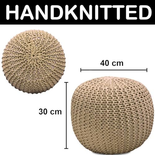 Image of Amazon Brand - Umi Round Hand Knitted Cotton Ottoman Puff Pouffe for Living Room, Cappuccino, 40x40x30 cm, Pack of 1