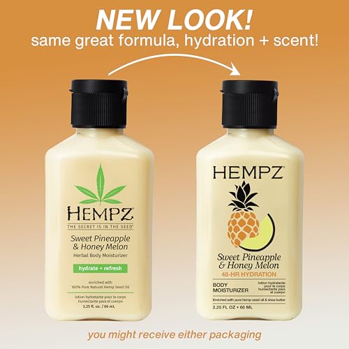 Image of Hempz Sweet Pineapple & Honey Melon Moisturizing Skin Lotion, Hemp Seed Herbal Body Moisturizer with Jojoba, Natural Extracts, Vitamins A and E, 2.25 oz | Hemp-derived formula softens and hydrates skin for lasting comfort all day