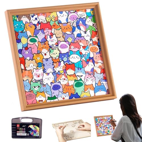 2026 New Wooden Cat Puzzle Puzzles/Drawing/Assembly All In One IY Wooden Cat Puzzle Frame with 12 Color Pens Wooden Colouring Puzzles DIY Wooden Cat Jigsaw Puzzle for Adults Kids & Girlfriend