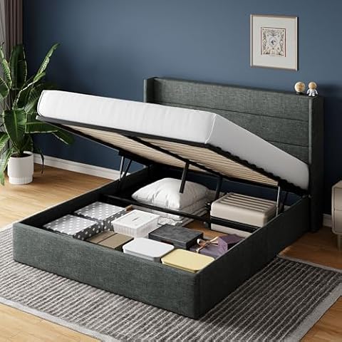 HOOMIC Full Size Lift Up Storage Bed with Wingback Headboard/Heavy-Duty Hydraulic Bed/Upholstered Platform Bed Frame/Large Underneath Storage/Strong Wooden Slats Support/Noise-Free/Dark Grey Cover