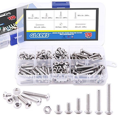 Glarks 170Pcs M4 Stainless Steel Allen Hex Drive Button Head Socket Cap Bolts