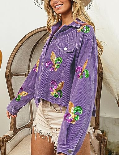happlan Women's Sequin Embroidery Cropped Frayed Hem Vintage Washed Corduroy Jacket Coat Shacket for Women4
