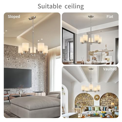 Image of WUZUPS 5-Light Pendant Chandelier Light Frosted White Glass Shade with Grain Ceiling Lighting Elegant Modern Fixture Bathroom Kitchen Dining Room Entry Foyer, H 15.8 inch W21, E12 Base, Brushed Nickel