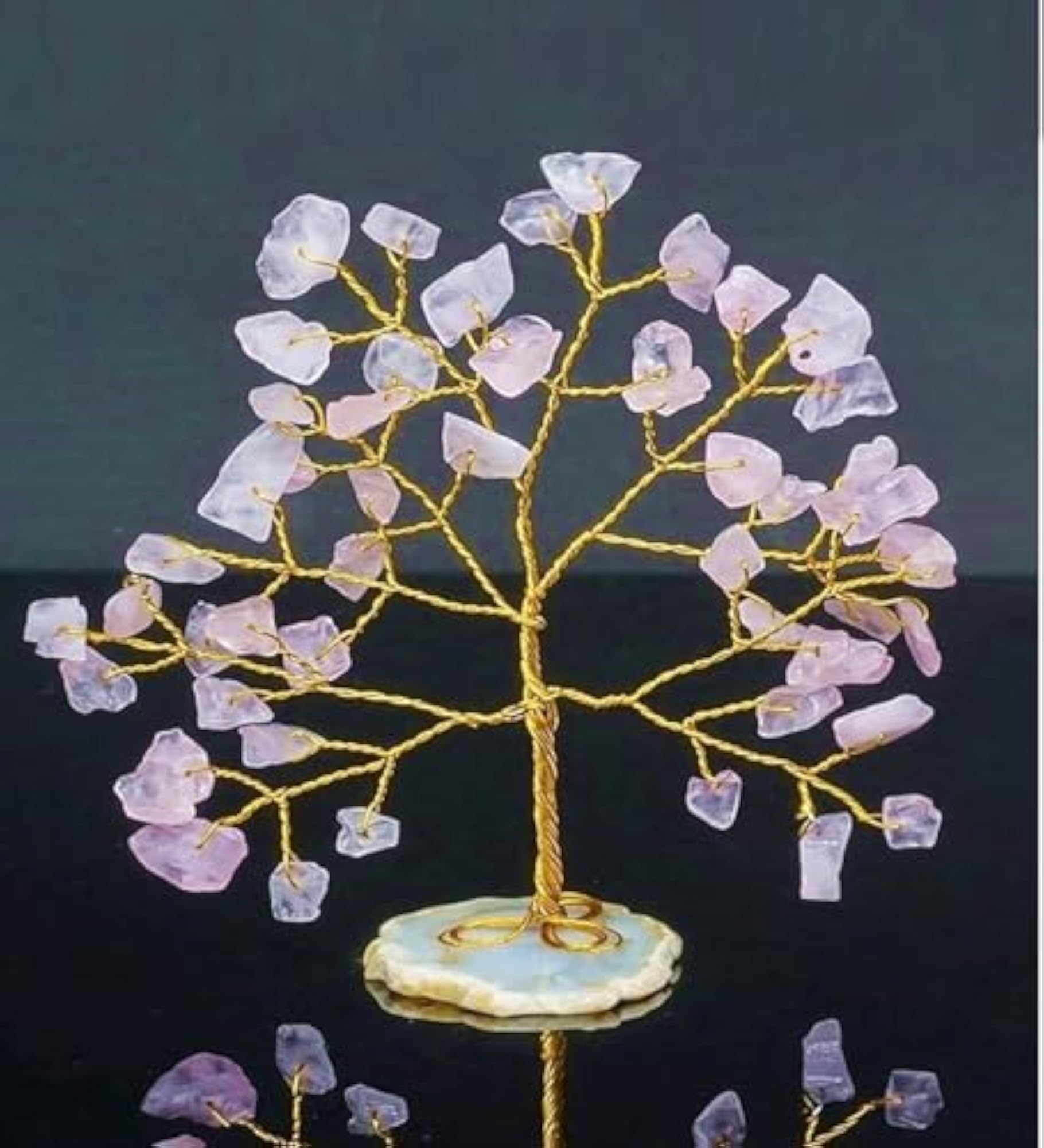 Natural Rose Quartz Healing Crystal Tree on Slice Base, Feng Shui Decoration