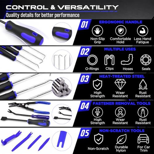 17PCS Pick and Hook Tool Set with Magnetic Pickup Tool, Trim Removal Tools, Clip Removal Plier, Fastener Removers and Gasket Scraper for Automotive, O-Ring, Gasket, Hose, Panel Removal and Car Repair - Image 5