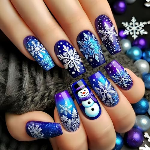 Christmas Press on Nails Medium Square Fake Nails with Snowflake ...
