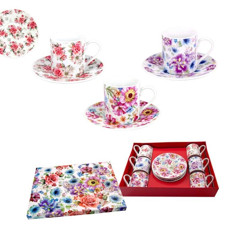 DRW Set 6 Tazas con Plato de Porcelana con Flores Taza: 6x6x8 cm