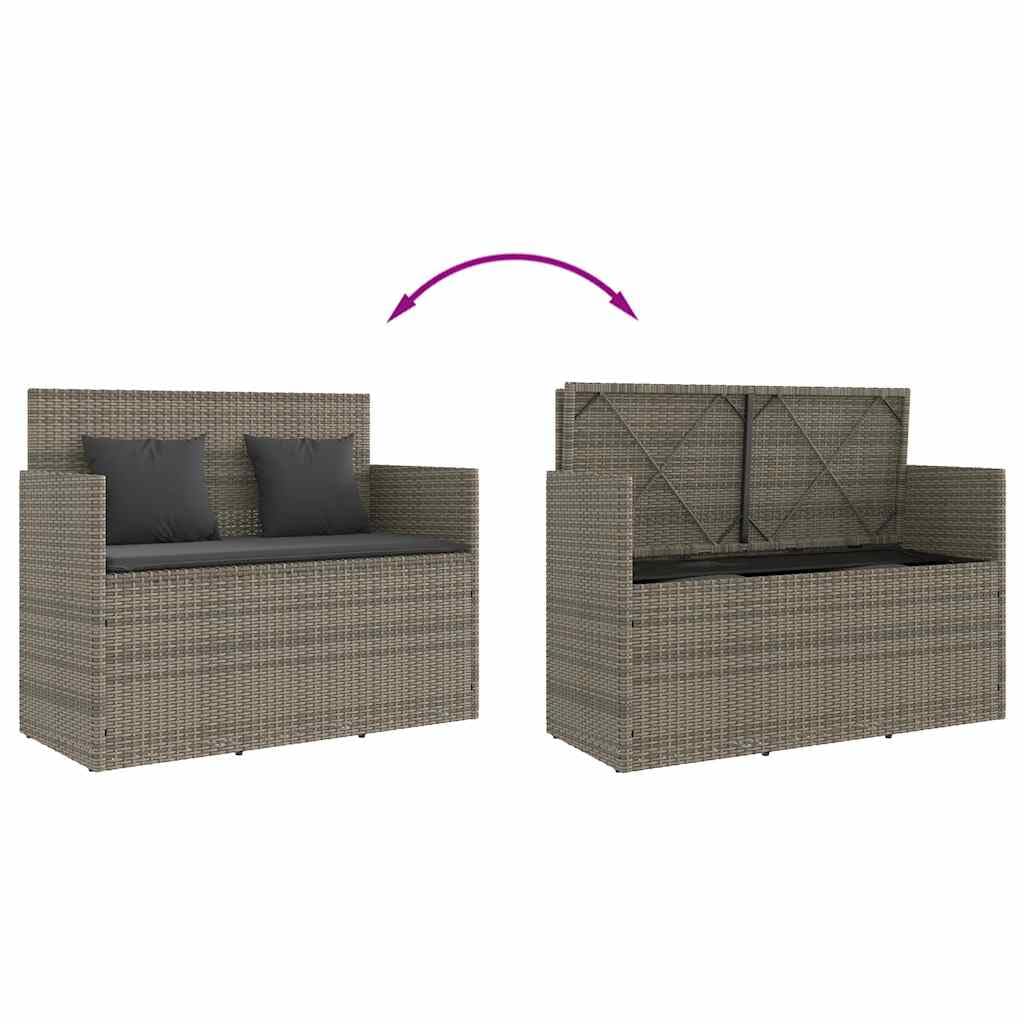 Panca da giardino con cuscino, in polyrattan grigio, panca con vano portaoggetti e borsa impermeabile, seduta imbottita con rivestimento rimovibile, coperchio sicuro con molla a gas per