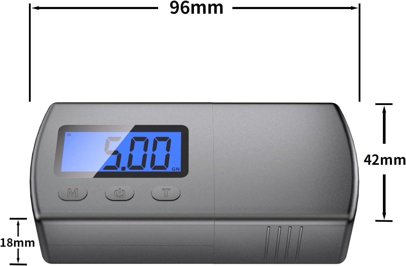 Diagram showing the dimensions of the stylus force gauge in millimeters: 96mm length, 42mm width, and 18mm height.