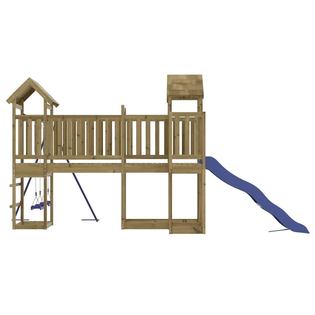 Spielturm aus imprägniertem Kiefernholz mit Rutsche, Doppelschaukel, Sandkasten, Nestschaukel, Klettergerüst, wetterfest, robust für Kinder Garten Spielhaus draußen