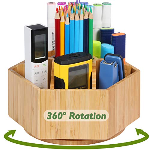 Houtingmaan Bamboo Office Supplies Organizer, 360 Degree Rotating Organizer with 7 Sections for Office Stationary, Like Pens, Marking Pens, Book Sewer, Knife, Clips, Sticky Notes and Calculator.
