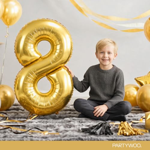 Image of PartyWoo Metallic Gold Number 8 Balloon 40 Inch 25pcs Gold Foil Star White