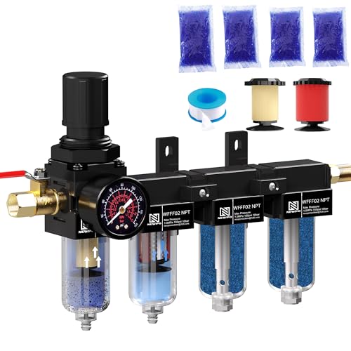 NEWPO 1/4'' NPT 4 Stage Air Drying System,Air Dryer for Compressor,Brass Coalescing Filter 5 &0.01 Micron Filter,Double Desiccant Dryer for Plasma Cutter and Paint Spray,Semi-Auto Drain (Black)
