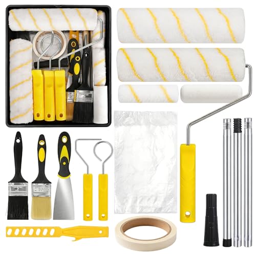 20 Pièces Rouleau Kit, Set De Rouleaux De Peinture, Kit Peinture Mur, Rouleaux Et Plateaux De Peinture, Set De Rouleaux De Peinture Avec Rallonge Pour Peindre...