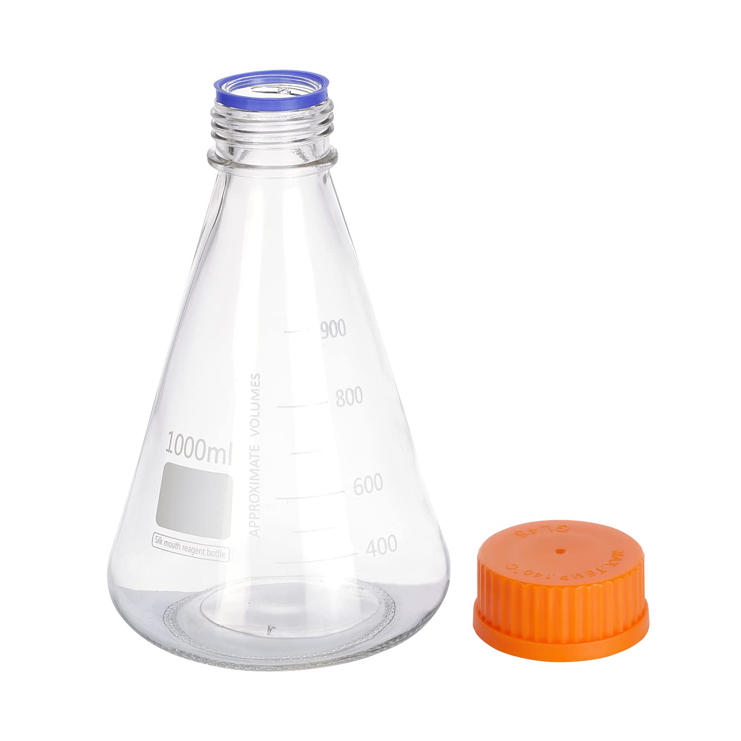 Frasco de cristal con tapa de rosca GL45, 3 unidades, 1000 ml, de Pastein, graduado en laboratorio de boca estrecha, color naranja