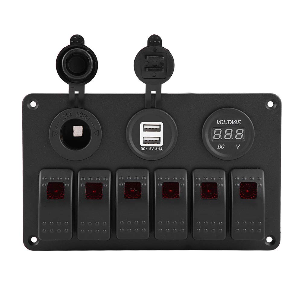 Pannello Interruttori, 12V 24V 6 Gang Car Boat Marine LED Rocker Switch Panel Dual USB Voltmetro Accendisigari(Rosso)