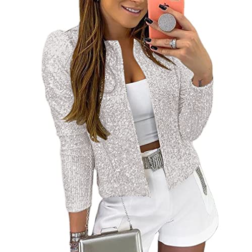 KIRJAUDU Women Fashion Sequin Jacket Open Front Puff Long Sleeve Short Blazer Casual Coat