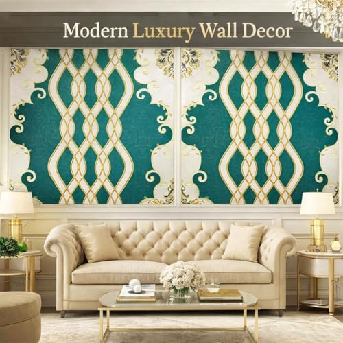 Image of STL Elegant Teal and White Decorative Wall Tile Design with Intricate Gold Geometric Scroll Pattern and Ornamental Corner Detailing for Interior Wall Decor (Pack of 5)
