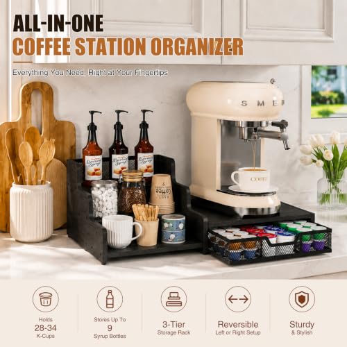 Image of Coffee Station Organizer with K Cup Holder, 28 Pod Capacity,3-Tier Syrup Rack with Coffee Pod Holder Drawer, Coffee Bar organizer Countertop for Accessories,Black