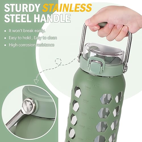 Image of MUKOKO 64oz Glass Water Bottle with Straw and Lid, Olive