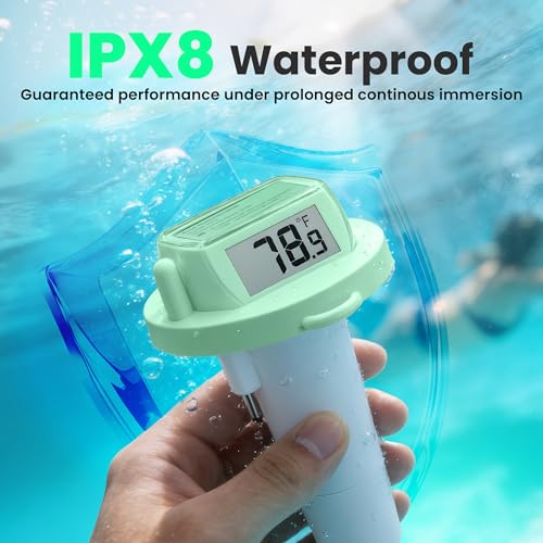 Image of Pool Thermometer Floating, Digital Swimming Pool Thermometer, IPX8 Waterproof with Double Sided Display for Pond, Hot Tub, Aquarium (Green, Battery Powered)