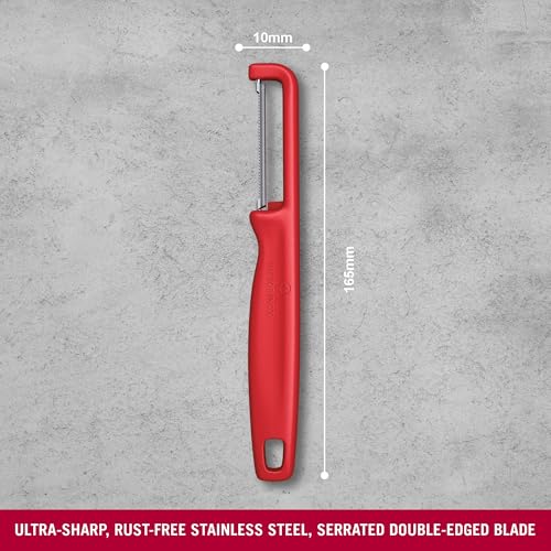 Image of Victorinox Swiss Made Stainless Steel Swiss Classic Iota Peeler, Serrated Double-Edge Peeler for Professional and Household Kitchen, Red, Soft Skin Fruit & Vegetable Peeler | 6.0943.1