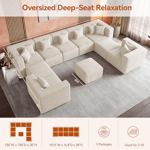 Image of MONVANE Modular Sectional Sofa, Oversized 10 Seat Convertible U Shaped Couch with Ottoman, Comfy Chenille Cloud Couch with Deep Seat, Sectional Couches for Living Room, No Assembly Required, Beige