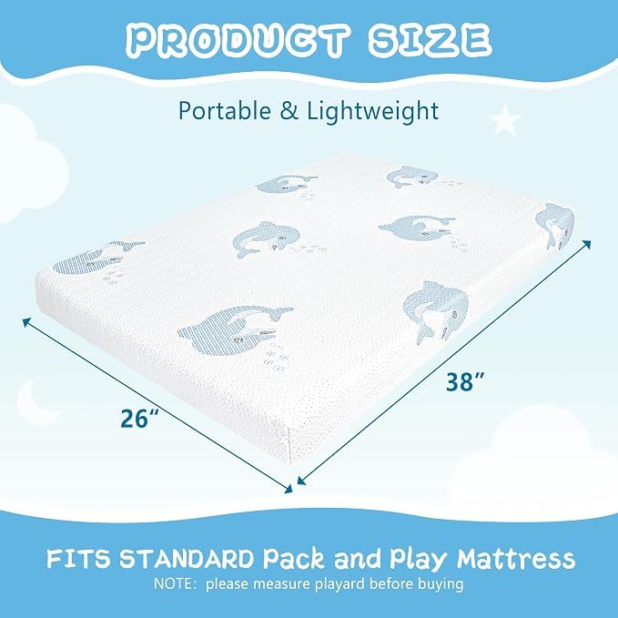 Image of Pack and Play Mattress,Breathable Dual Sided Firm & Soft Memory Foam Pack N Play Mattresses,Baby 38 inchX26 inch Mattress for Pack N Play with Removable Cover (White)